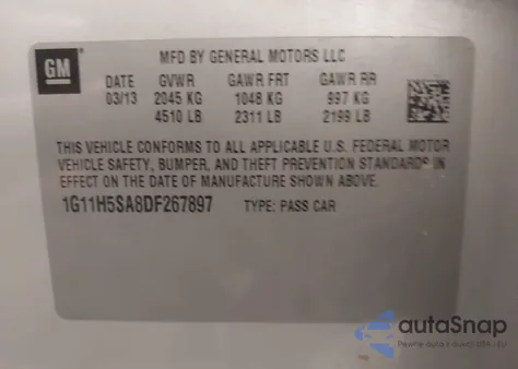 2013 Chevrolet Malibu 1Lz из США, поврежденный, VIN 1G11H5SA8DF267897